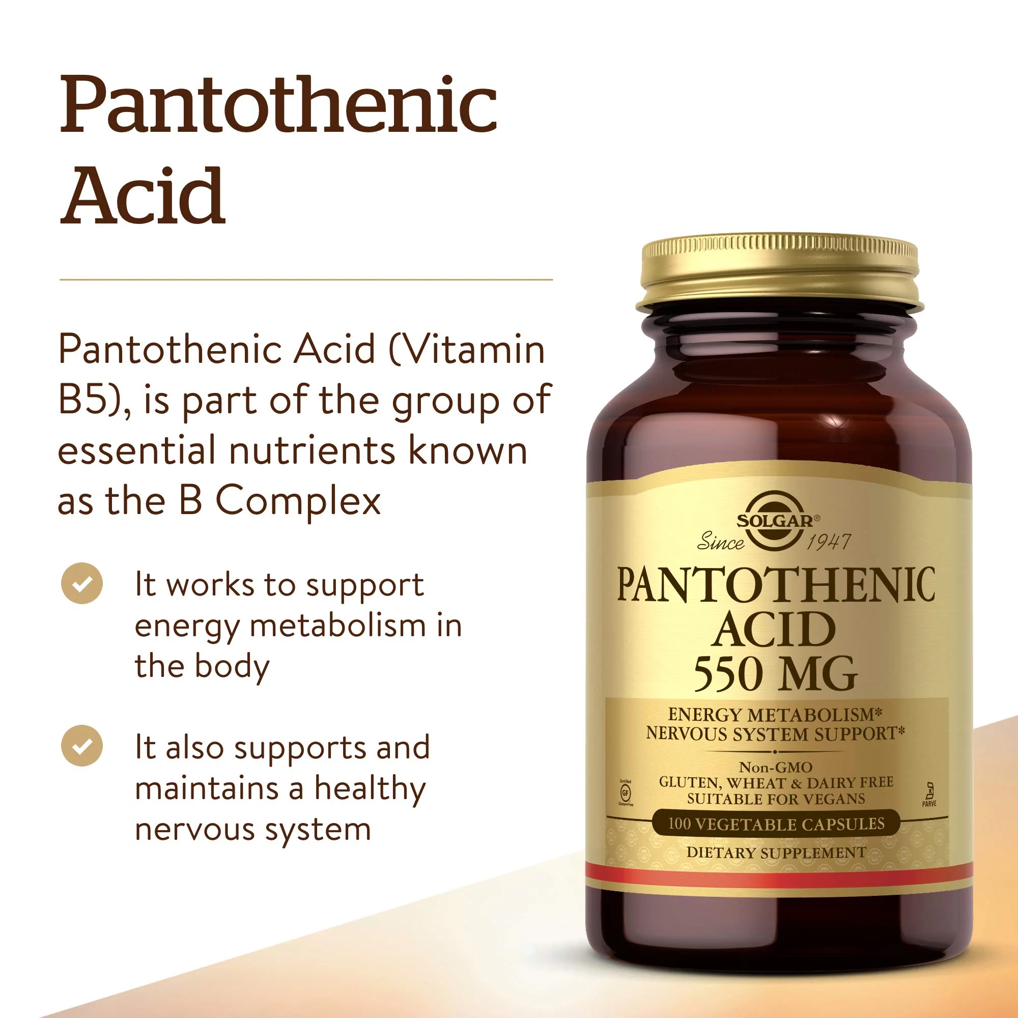 Solgar Pantothenic Acid 550 mg Vegetable Capsules Vitamin B5 Energy Metabolism Nervous System Support Gluten Free Dairy Free Kosher Servings, Standard Packaging, 100 Count - Image 6