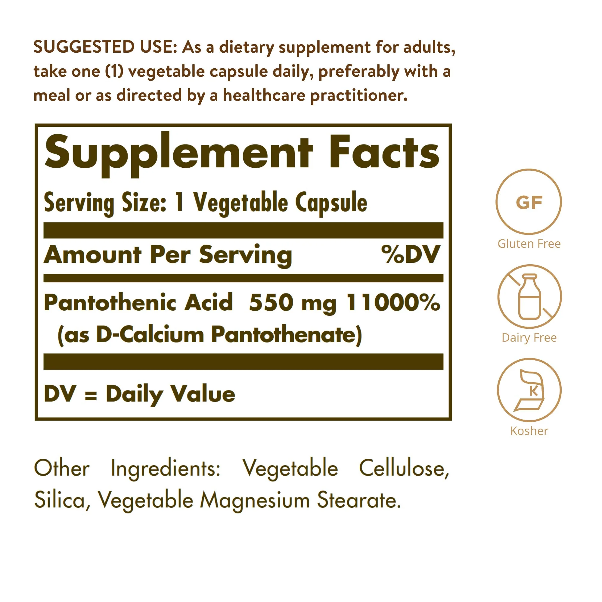 Solgar Pantothenic Acid 550 mg Vegetable Capsules Vitamin B5 Energy Metabolism Nervous System Support Gluten Free Dairy Free Kosher Servings, Standard Packaging, 100 Count - Image 7