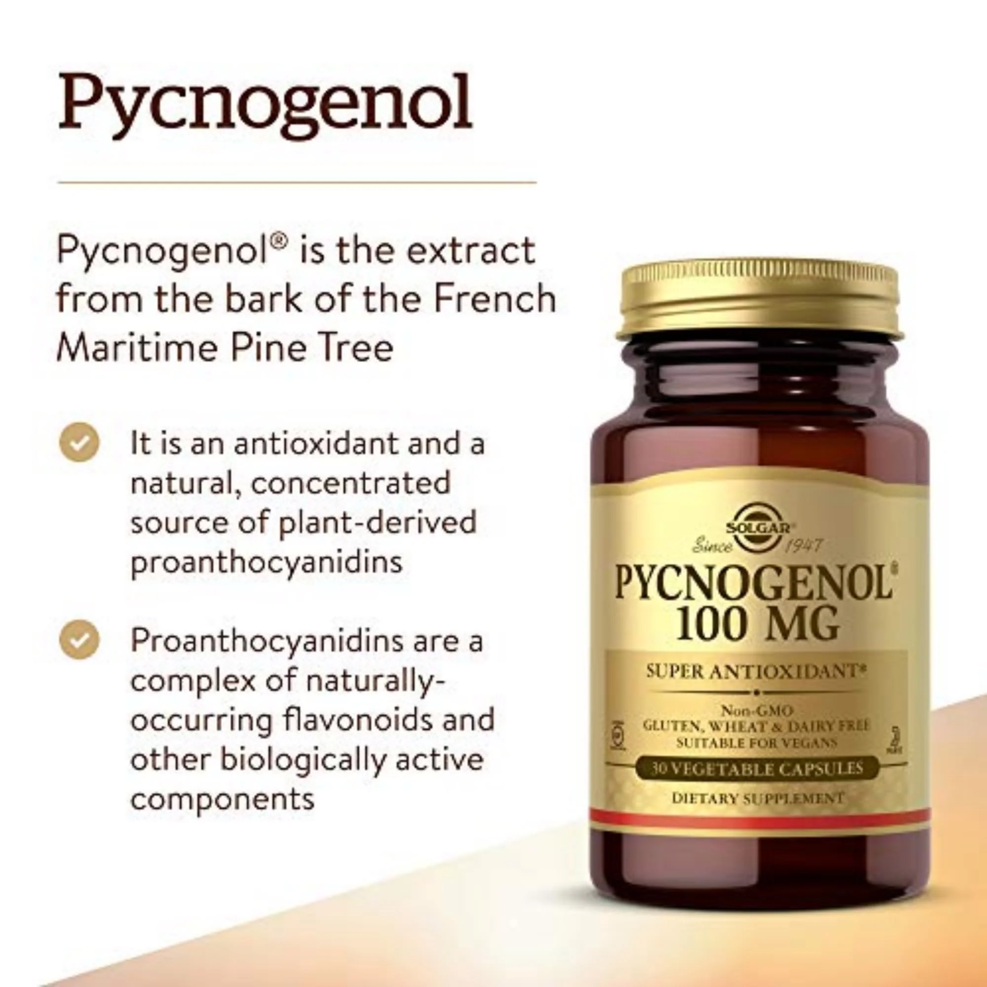 Solgar Pycnogenol 100 mg, 30 Vegetable Capsules - Antioxidant Protection - Healthy Leg & Vein Support - Non-GMO, Vegan, Gluten Free, Dairy Free, Kosher - 30 Servings - Image 4