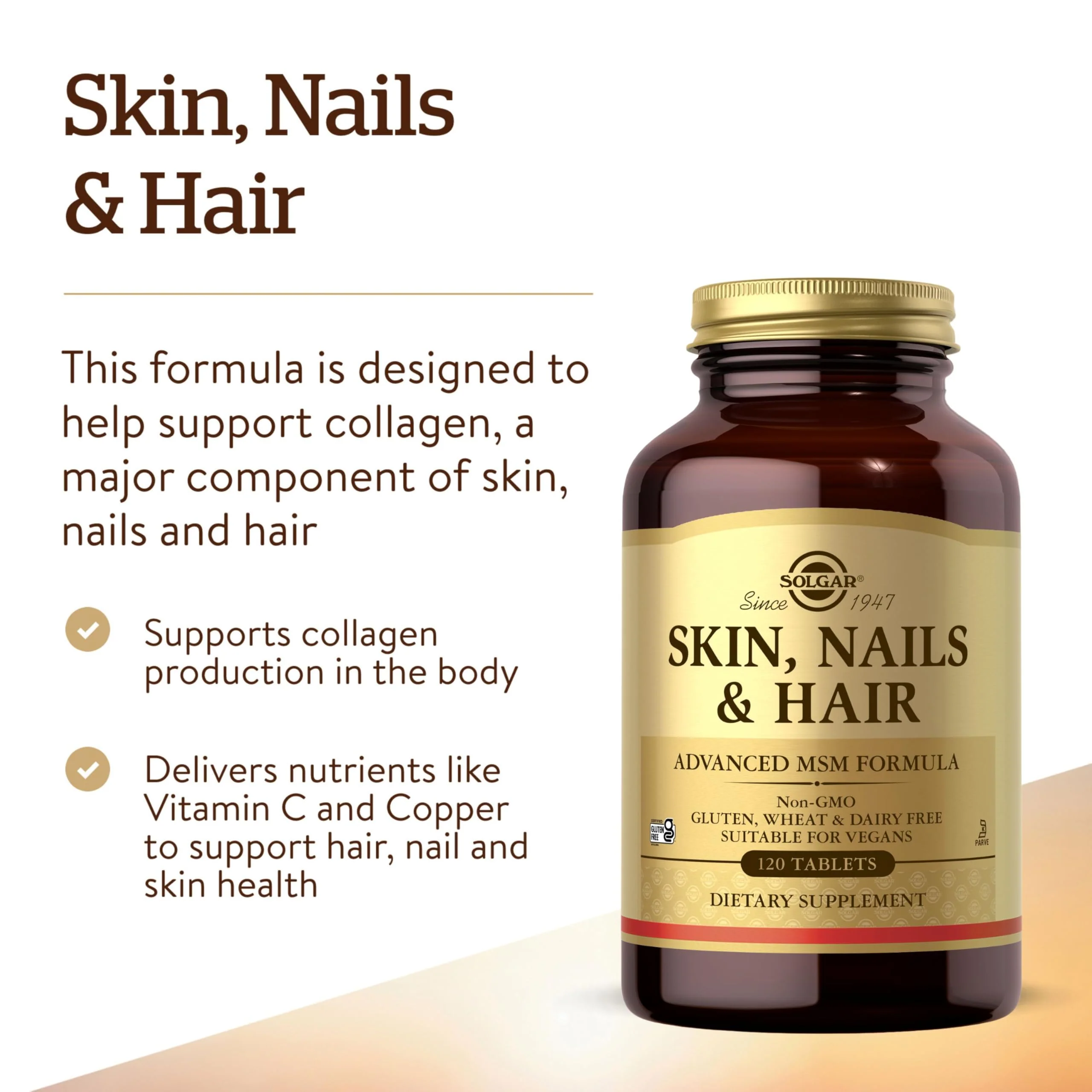 Solgar Skin, Nails & Hair, Advanced MSM Formula, 120 Tablets - Supports Collagen for Hair, Nail and Skin Health - Provides Zinc, Vitamin C & Copper - Non GMO, Vegan, Gluten & Dairy Free - 60 Servings - Image 3