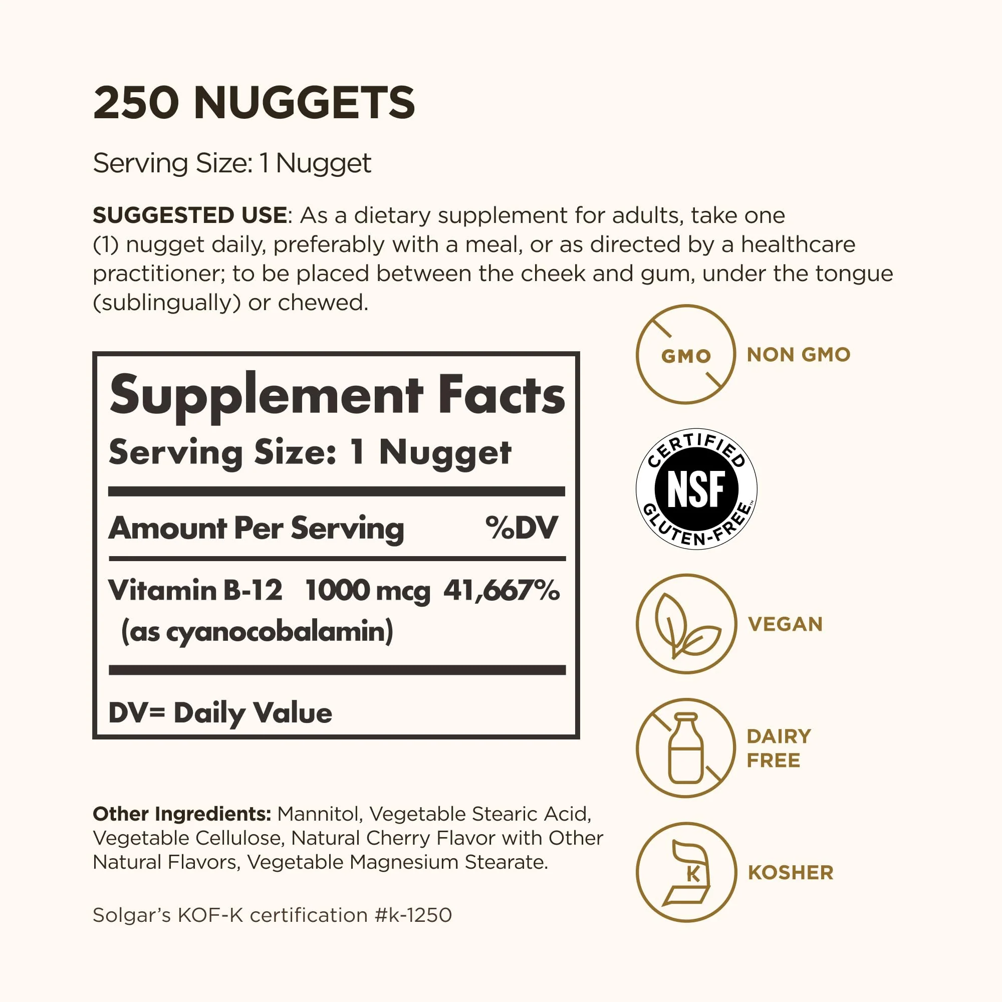 Solgar Vitamin B12 1000 mcg, 250 Nuggets - Supports Production of Energy, Red Blood Cells - Healthy Nervous System - Promotes Cardiovascular Health - Vitamin B - Non-GMO, Gluten Free - 250 Servings - Image 6