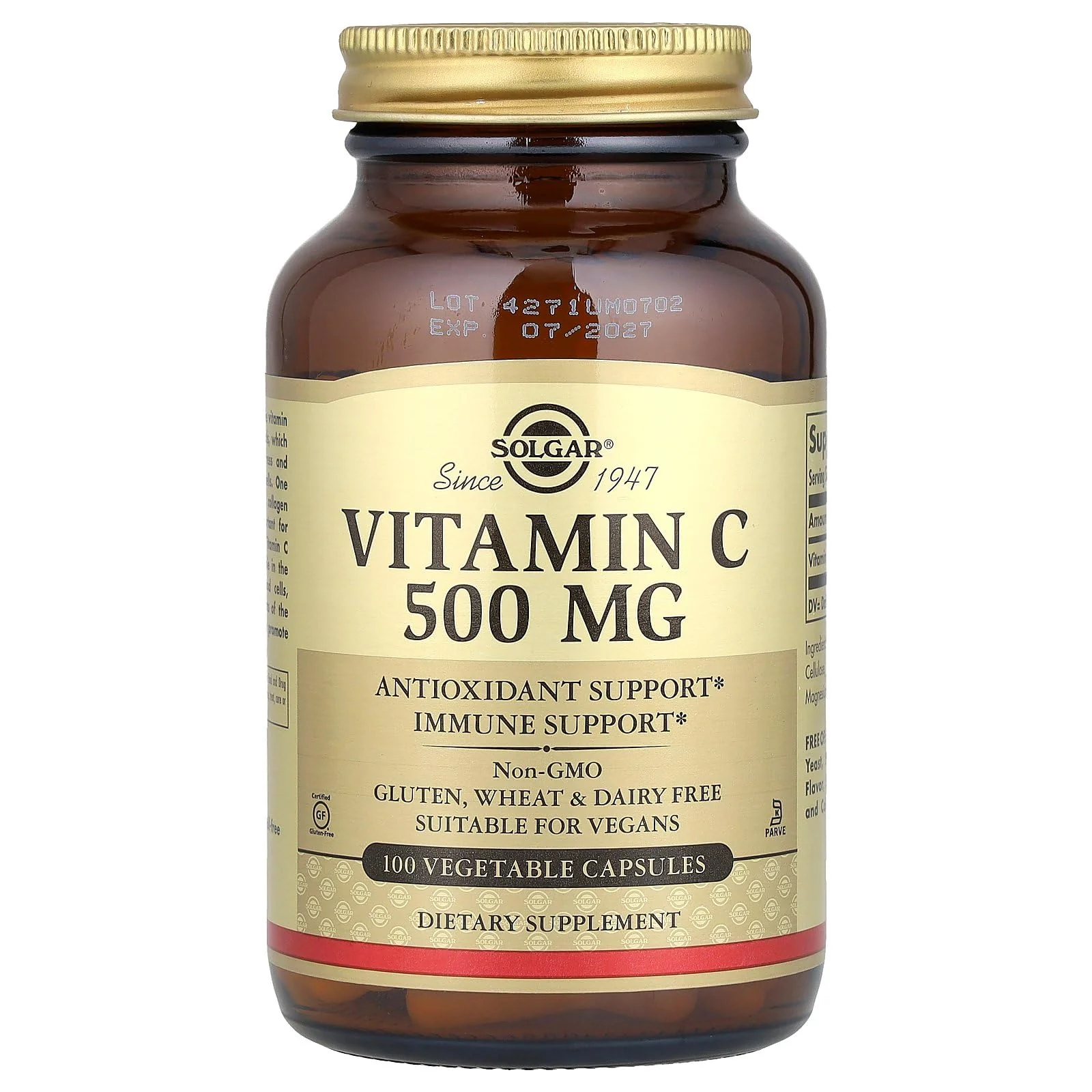 Solgar Vitamin C 500 mg, 100 Vegetable Capsules - Antioxidant & Immune Support - Overall Health - Supports Healthy Skin & Joints - Non GMO, Vegan, Gluten Free, Kosher - 100 Servings - Image 6
