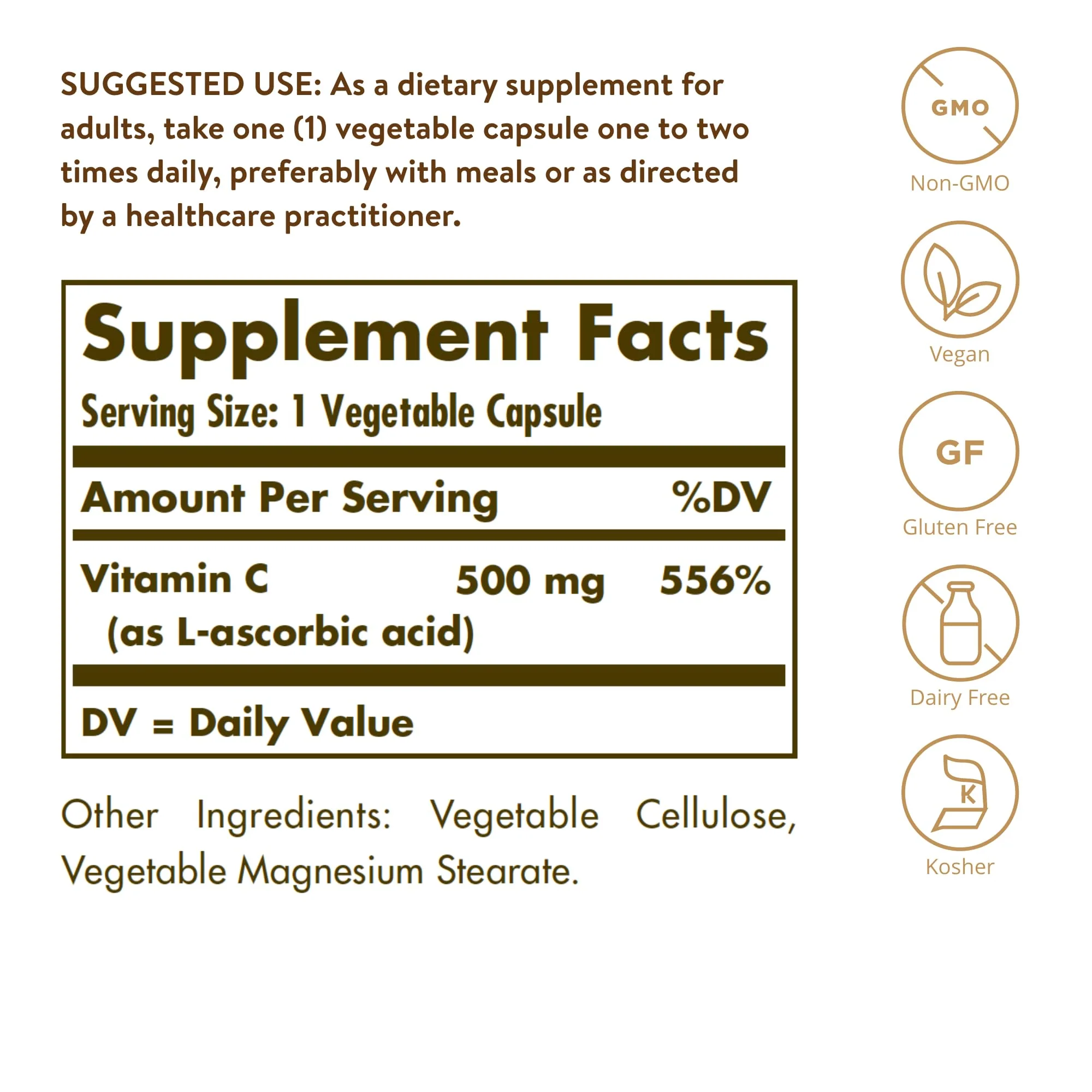 Solgar Vitamin C 500 mg, 100 Vegetable Capsules - Antioxidant & Immune Support - Overall Health - Supports Healthy Skin & Joints - Non GMO, Vegan, Gluten Free, Kosher - 100 Servings - Image 8
