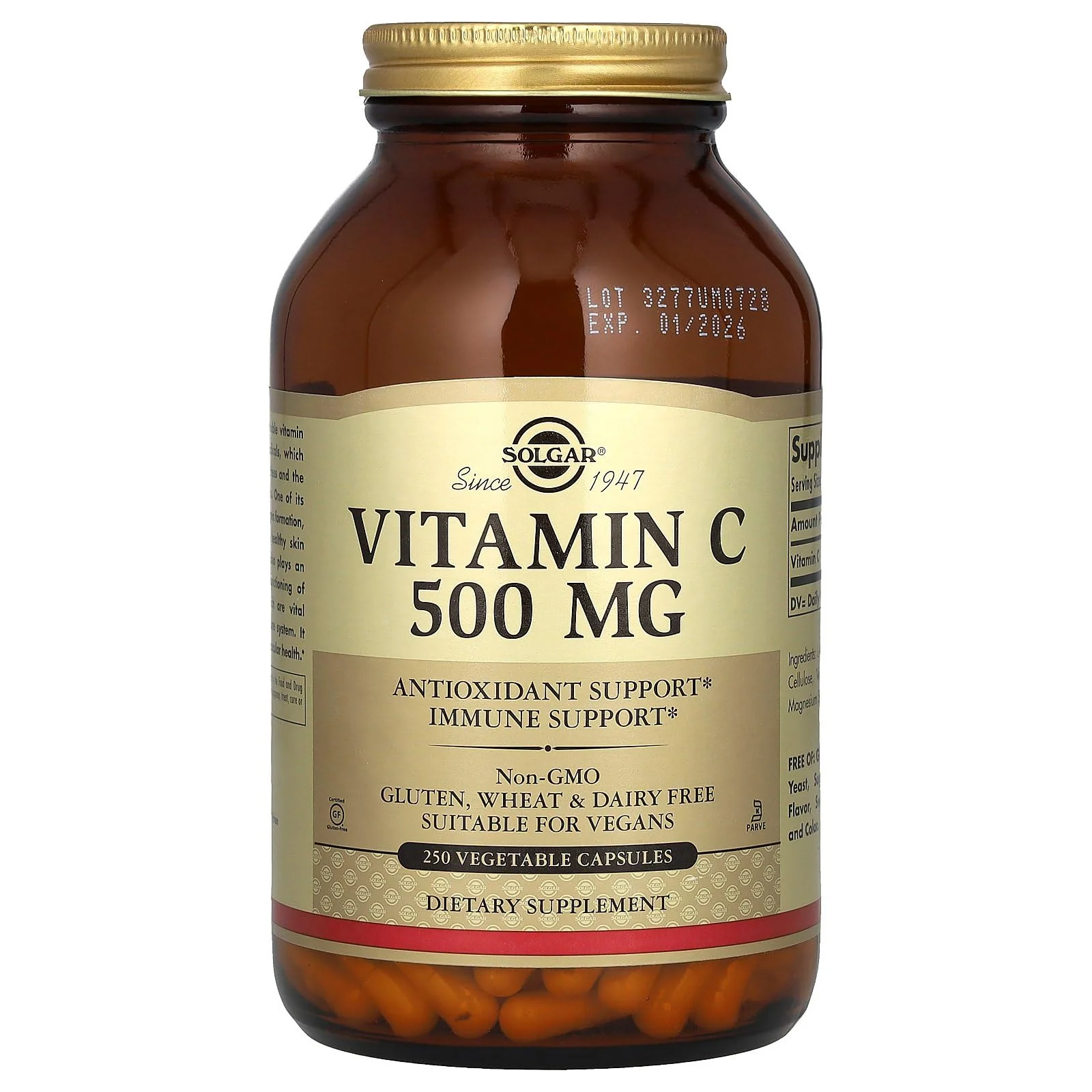 Solgar Vitamin C 500 mg, 250 Vegetable Capsules - Antioxidant & Immune Support - Overall Health - Supports Healthy Skin & Joints - Non-GMO, Vegan, Gluten Free, Kosher - 250 Servings - Image 6