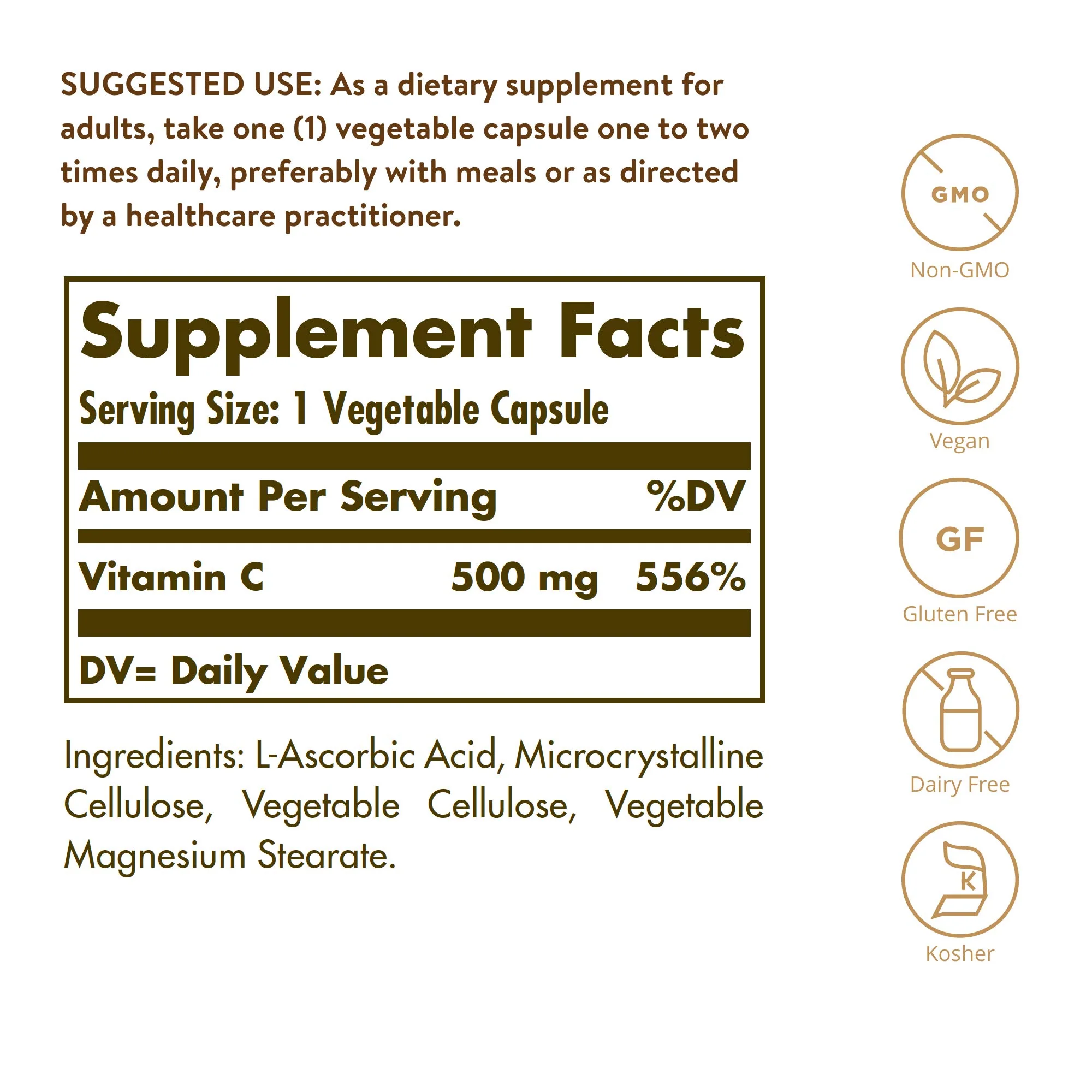 Solgar Vitamin C 500 mg, 250 Vegetable Capsules - Antioxidant & Immune Support - Overall Health - Supports Healthy Skin & Joints - Non-GMO, Vegan, Gluten Free, Kosher - 250 Servings - Image 8