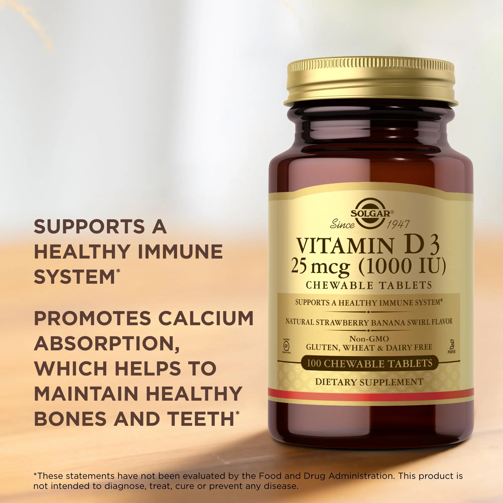 Solgar Vitamin D3 (Cholecalciferol) 25 mcg (1000 IU), Natural Strawberry Banana Swirl - 100 Chewable Tablets - Non-GMO, Kosher - 100 Servings - Image 5