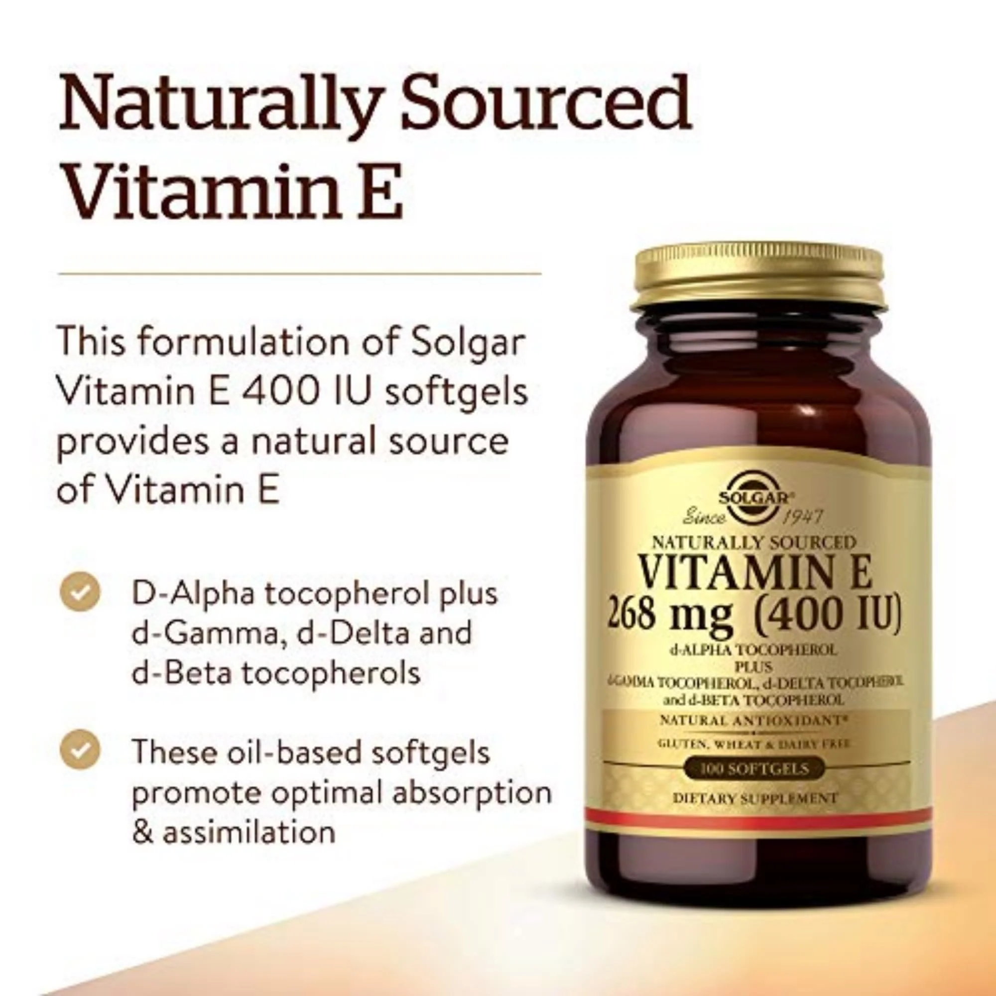 Solgar Vitamin E 268 MG (400 IU) (d-Alpha Tocopherol & Mixed Tocopherols), 100 Softgels - Supports Immune System & Skin Nutrition - Natural Antioxidant - Gluten Free, Dairy Free - 100 Servings - Image 7