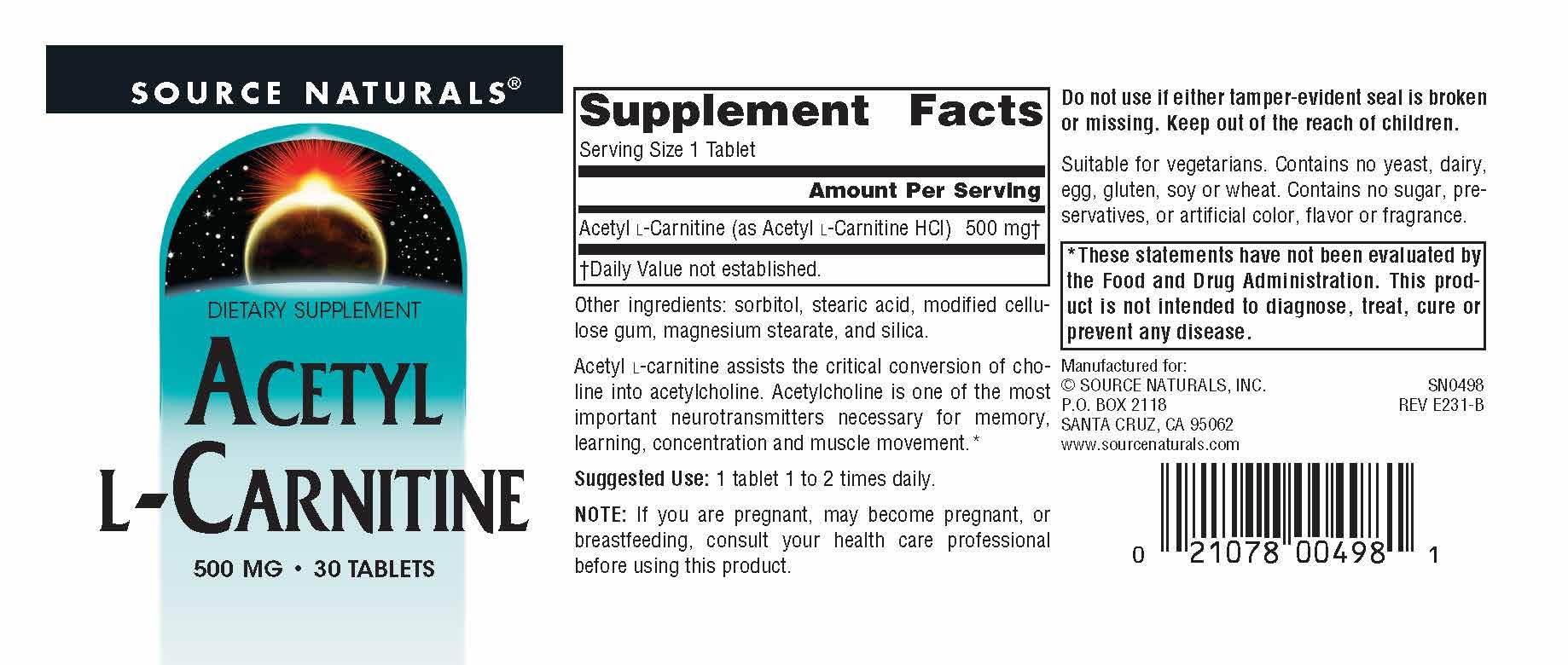 Source Naturals Acetyl L-Carnitine, 500mg, 30 Tablets - Image 4