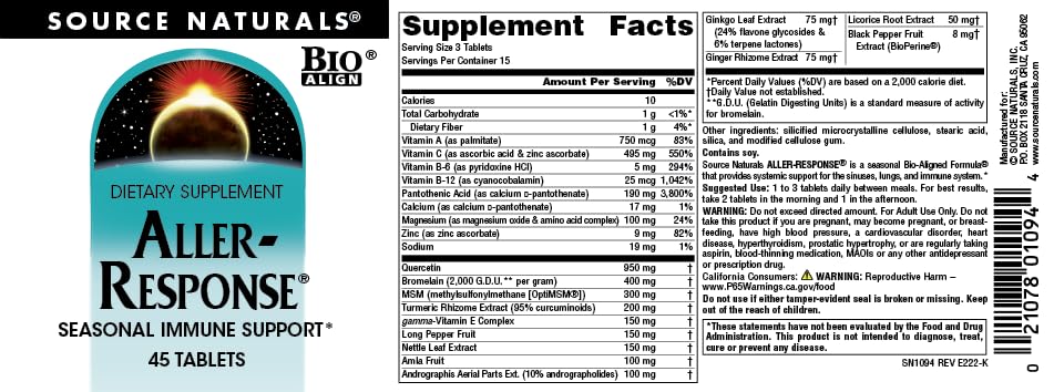 Source Naturals Aller-Response, Seasonal Immune Support* - 45 Tablets - Image 4