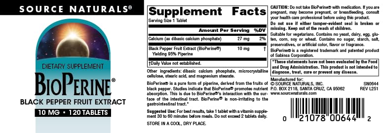 Source Naturals BioPerine - Black Pepper Fruit Extract, Promotes Nutrient Absorption* 10 mg, 120 Tablets - Image 3