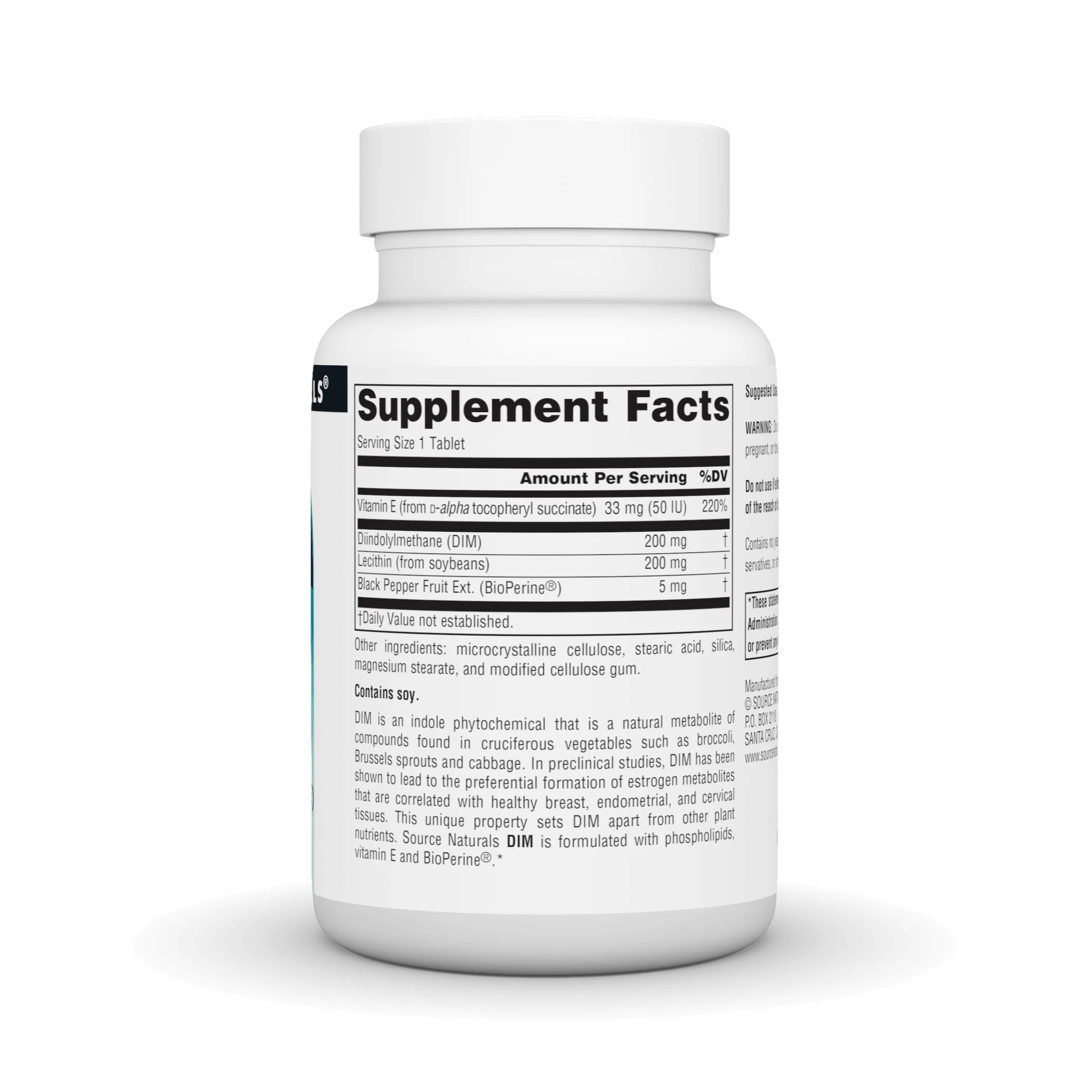 Source Naturals DIM, Diindolylmethane 200mg with BioPerine, Vitamin E & More - 30 Tablets - Image 3