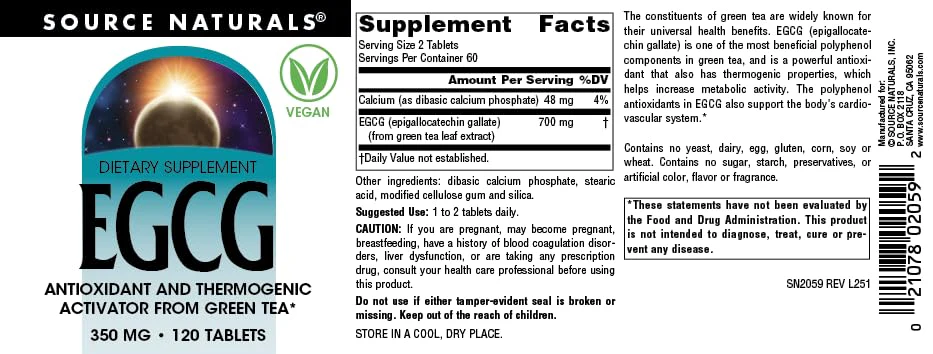 Source Naturals EGCG, Antioxidant and Thermogenic Activator from Green Tea*, 350 mg - 120 Tablets - Image 3