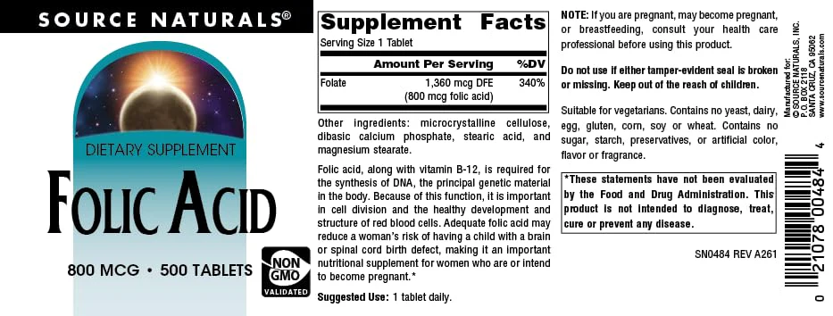 Source Naturals Folic Acid 800 mcg Dietary Supplement - 500 Tablets - Image 3