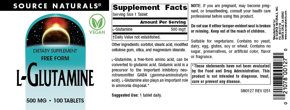 Source Naturals Free Form L-Glutamine - 500mg - 100 Tablets - Image 4