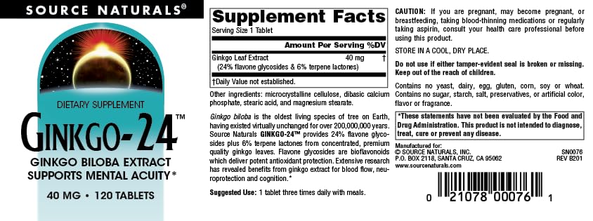 Source Naturals Ginkgo-24 - Ginkgo Biloba Extract Supports Mental Acuity* - 40 mg, 120 Tablets - Image 4
