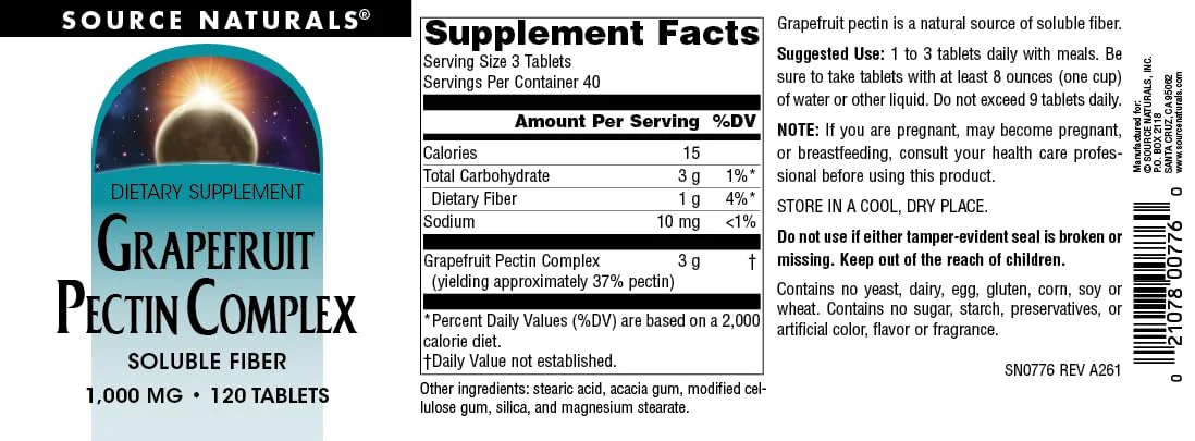 Source Naturals Grapefruit Pectin, Soluble Fiber - 1000 mg Dietary Supplement - 120 Tablets - Image 4