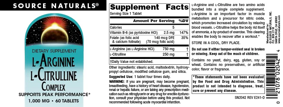 Source Naturals L-Arginine L-Citrulline Complex 1000mg Essential Amino Acid Supplement - 60 Tablets - Image 4