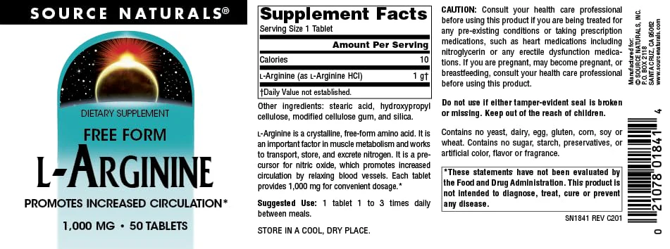 Source Naturals L-Arginine Promotes Increased Ciculation* 1000 mg Free Form - 50 Tablets - Image 4