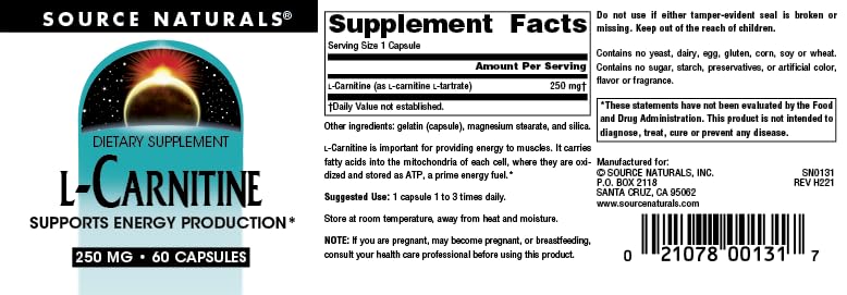 Source Naturals L-Carnitine for Metabolic Energy* - 250 mg - 60 Capsules - Image 4