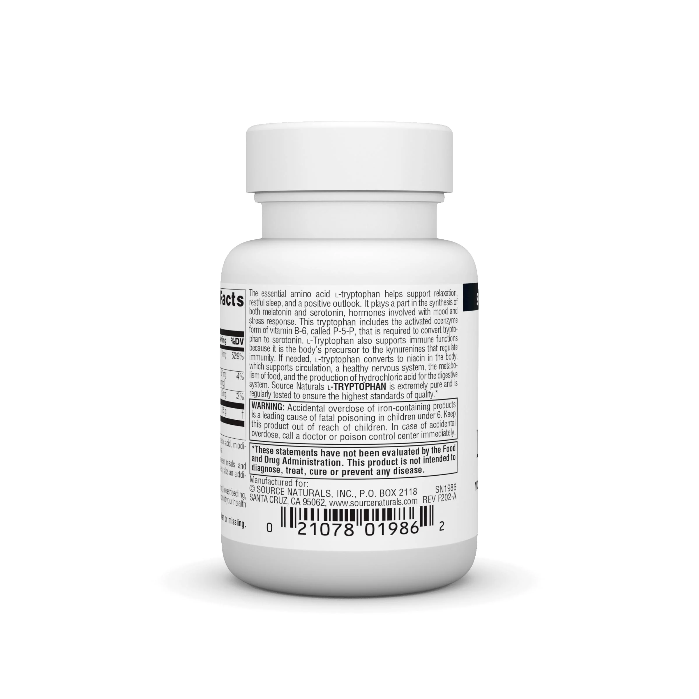 Source Naturals L-Tryptophan with Coenzyme B-6 500 mg - 30 Tablets - Image 4