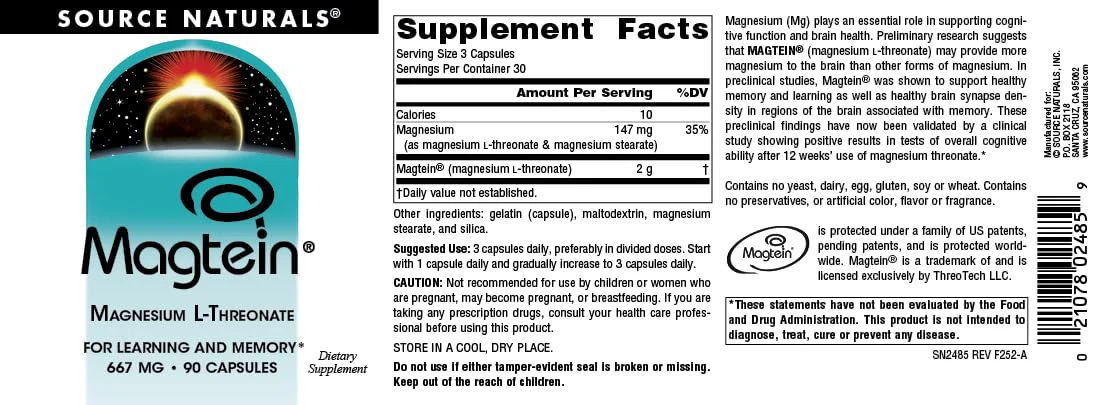 Source Naturals Magtein Magnesium L-Threonate 667mg Supports Focus, Mood, Healthy Memory, Cognitive Function, Sleep* - 90 Capsules - Image 4