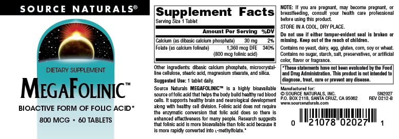 Source Naturals MegaFolinic 800mcg - 60 Tablets - Image 4