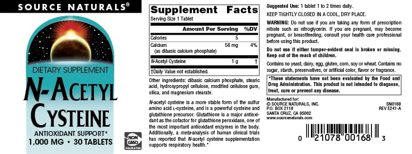 Source Naturals N-Acetyl Cysteine Antioxidant Support 1000 mg Dietary Supplement that Supports Respiratory Health* - 30 Tablets - Image 4