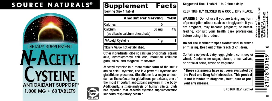 Source Naturals N-Acetyl Cysteine Antioxidant Support 1000 mg Dietary Supplement that Supports Respiratory Health* - 60 Tablets - Image 4