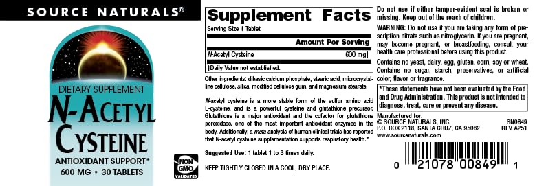 Source Naturals N-Acetyl Cysteine Antioxidant Support 600 mg Dietary Supplement That Supports Respiratory Health* - 30 Tablets - Image 4