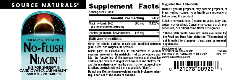 Source Naturals No-Flush Niacin, B-3 for Energy & Cardiovascular Health* 500 mg - 30 Tablets - Image 4