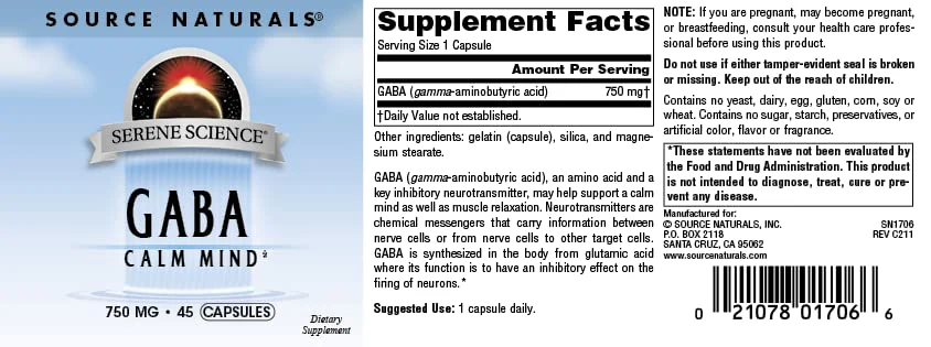 Source Naturals Serene Science GABA, for a Calm Mind, 750mg - 45 Capsules - Image 4