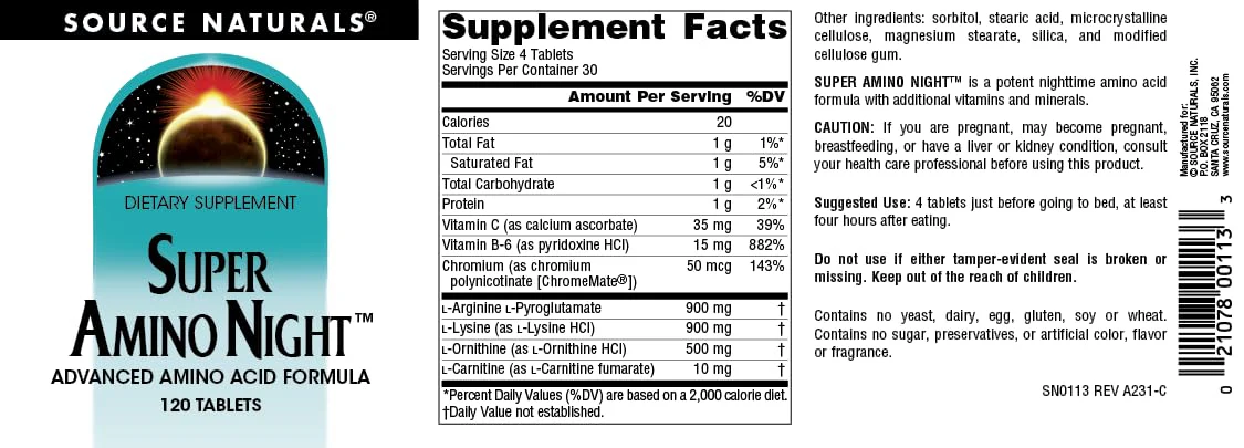 Source Naturals Super Amino Night - Advanced Amino Acid Formula* - 120 Tablets - Image 4