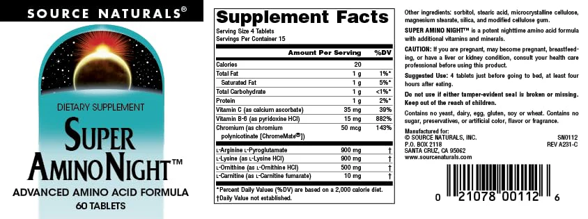 Source Naturals Super Amino Night - Advanced Amino Acid Formula - 60 Capsules - Image 4