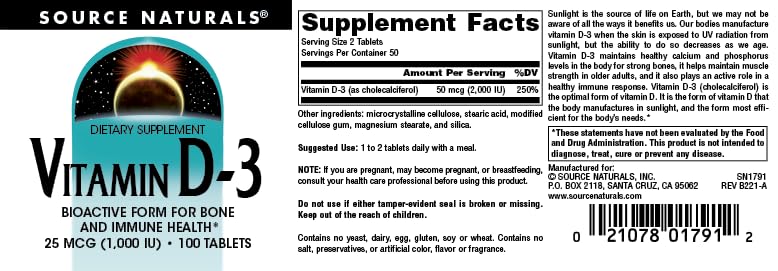 Source Naturals Vitamin D-3 1000 iu Supports Bone & Immune Health* - 100 Tablets - Image 4