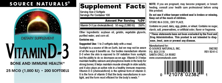 Source Naturals Vitamin D-3 1000 iu Supports Bone & Immune Health* - 200 Softgels - Image 4