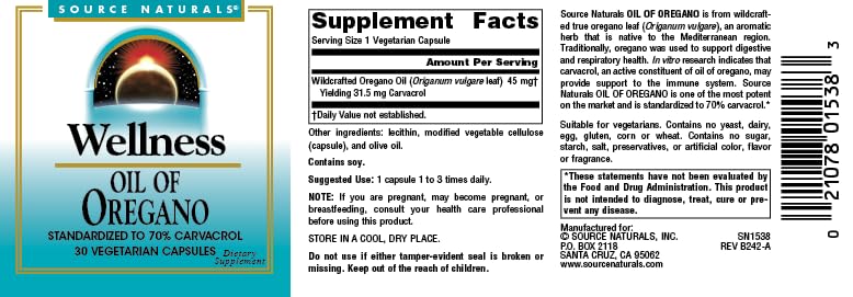 Source Naturals Wellness Oil of Oregano - Standardized to 70% Carvacrol - 30 Vegetarian Capsules - Image 5