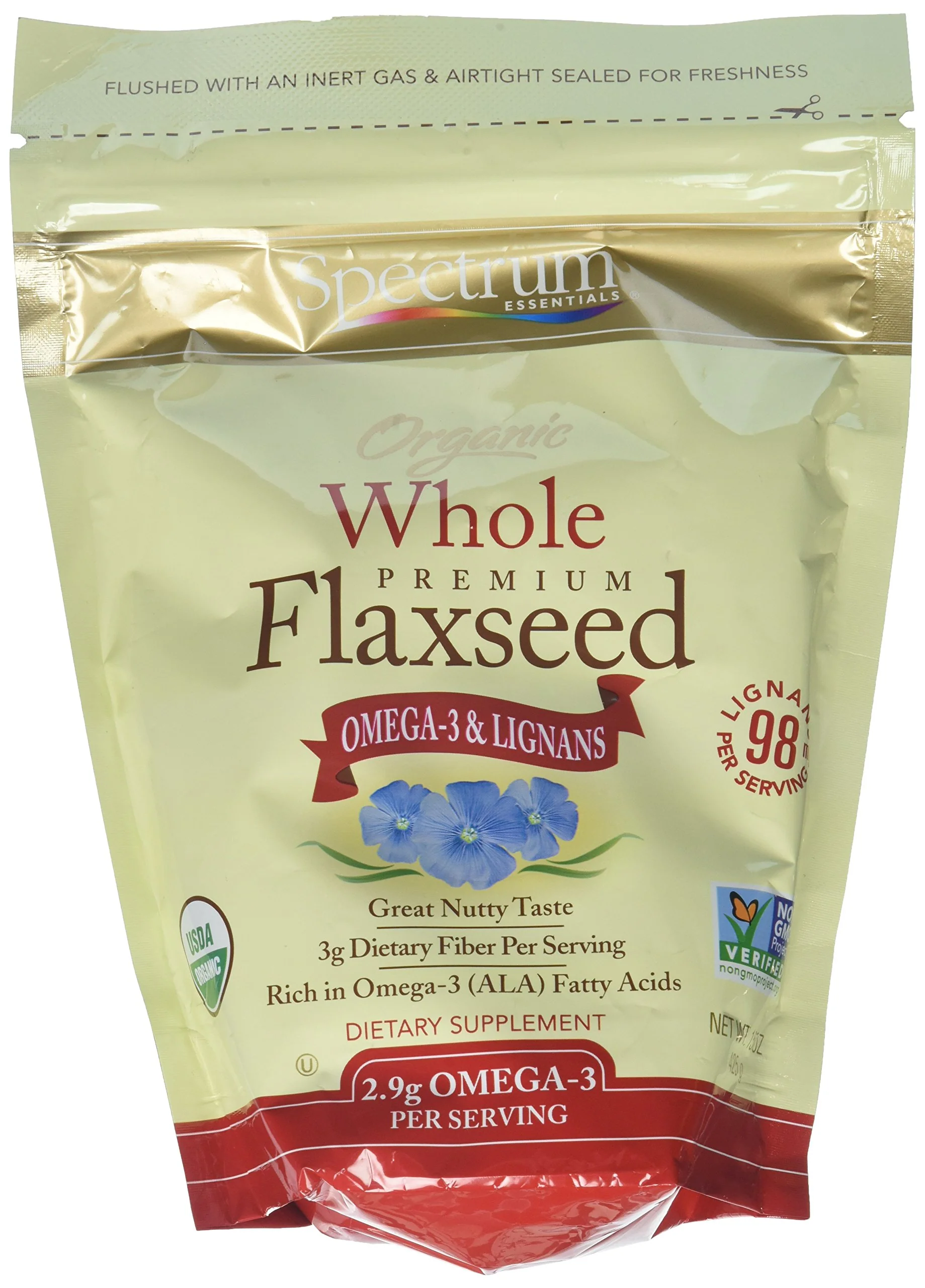 Spectrum Naturals Organic Whole Premium Flax Seeds Bag, 15 Ounce