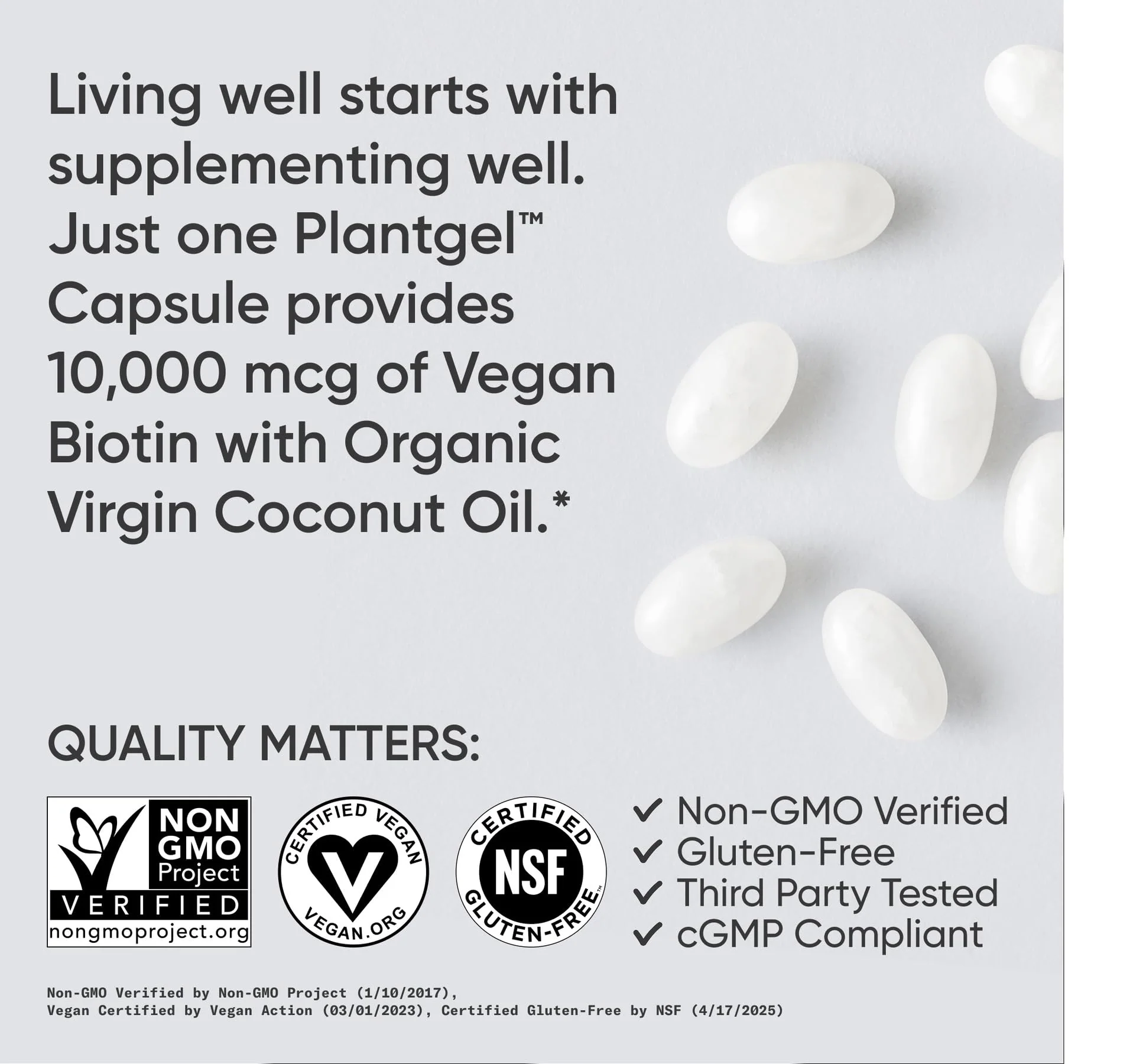 Sports Research® Biotin 10,000mcg with Organic Coconut Oil - Biotin (Vitamin B7) for Healthy Skin and Hair Support* - for Women and Men - Vegan, Non-GMO, Gluten & Soy-Free - 120 Veggie Softgels - Image 6