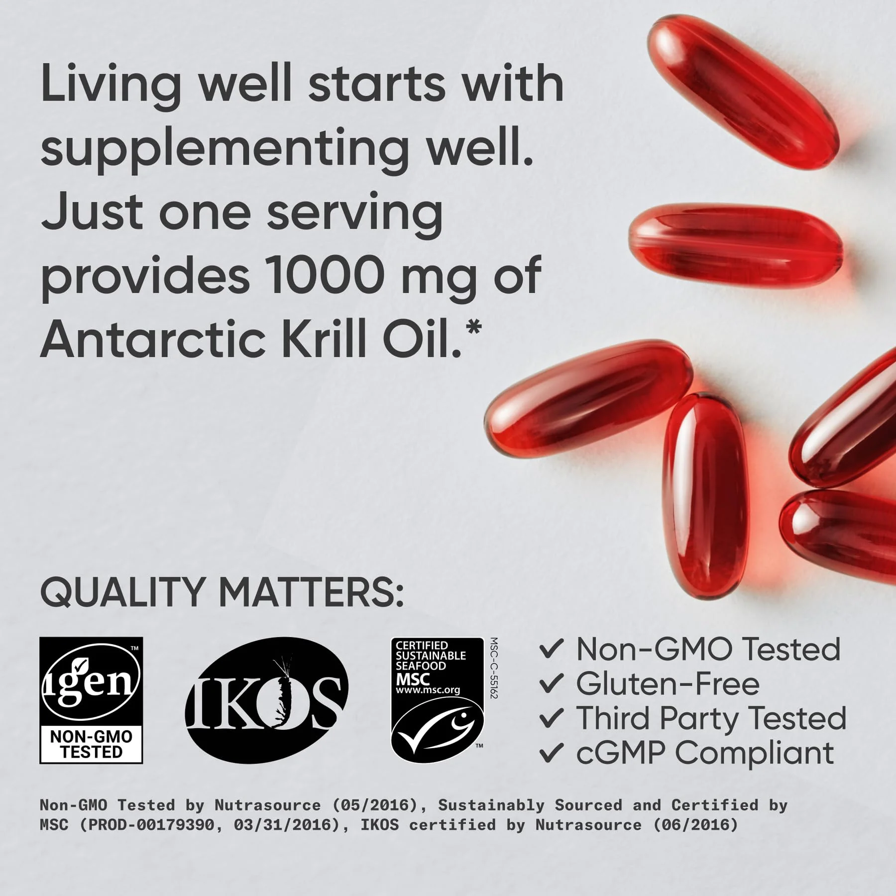 Sports Research® Omega-3 Krill Oil 1000mg (Double Strength) - Pure Antarctic Superba Krill w/Choline, Phospholipids & Astaxanthin - MSC Certified Sustainable · Non-GMO · Gluten Free - 30 Softgels - Image 6