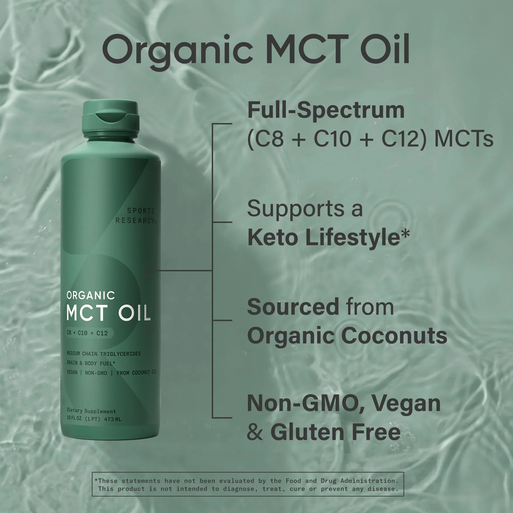 Sports Research® Organic MCT Oil 16oz - Full Spectrum (C8, C10, C12) Sourced from Coconut Oil - Keto Brain & Body Fuel* - Vegan Certified · Non-GMO · Informed Choice Certified - Unflavored - Image 5