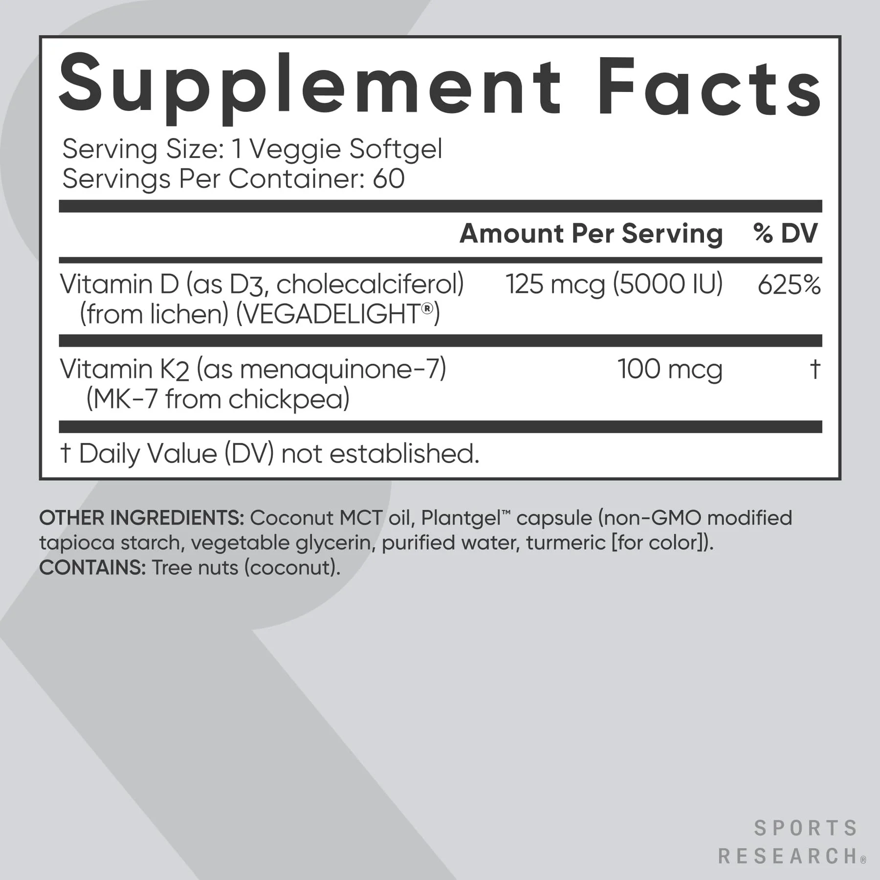 Sports Research® Vitamin D3 + K2 w/ Coconut Oil - Vegan Vitamin D 5000iu & Mk7 Vitamin K 100mcg for Bone & Immune Support - Vegan Certified · Non-GMO · Soy Free - 60 Softgels - Image 6