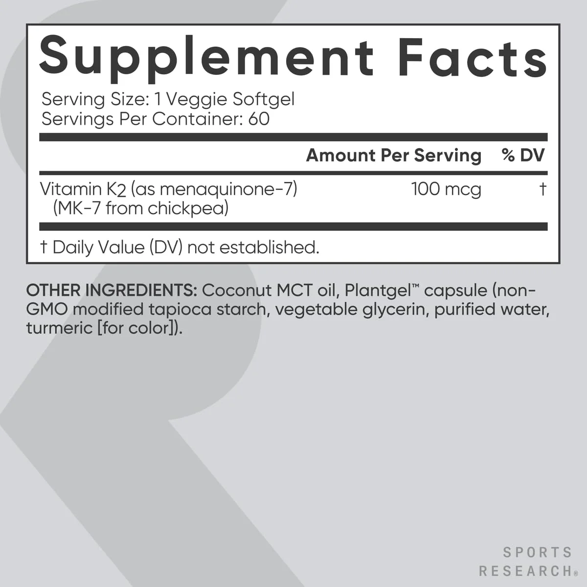 Sports Research® Vitamin K2 as MK-7 100mcg with Coconut MCT Oil - 60 Veggie Softgels (2 Month Supply) Vegan Certified, Non-GMO Verified, Gluten & Soy Free - Image 5