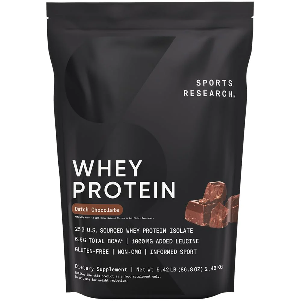 Sports Research Whey Protein - Sports Nutrition Whey Isolate Protein Powder for Lean Muscle Building & Workout Recovery - 5 lb Bag Bulk Protein Powder 25g per Serving - Dutch Chocolate, 60 Servings