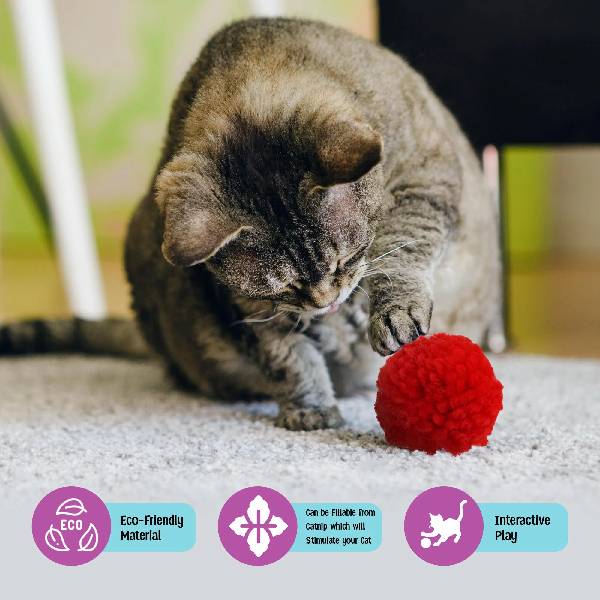 SPOT Wool Pom Poms Cat Toy - Interactive Wool Balls Cat Toy with Catnip for Cats and Kittens to Bite, Swat and Chase - 1.5 inch, 4 pcs - Image 7