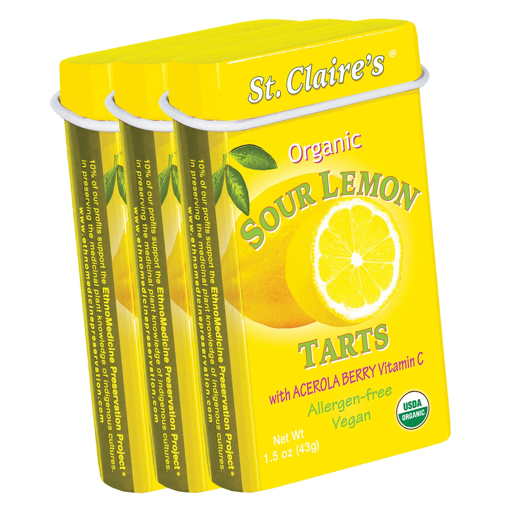 St. Claire's Organic Fruit Tart Candies, (Sour Lemon, 1.5 Ounce Tin, Bundle of 3) | Gluten-Free, Vegan, GMO-Free, Plant-based, Allergen-Free | Made in our Allergen-Free facility