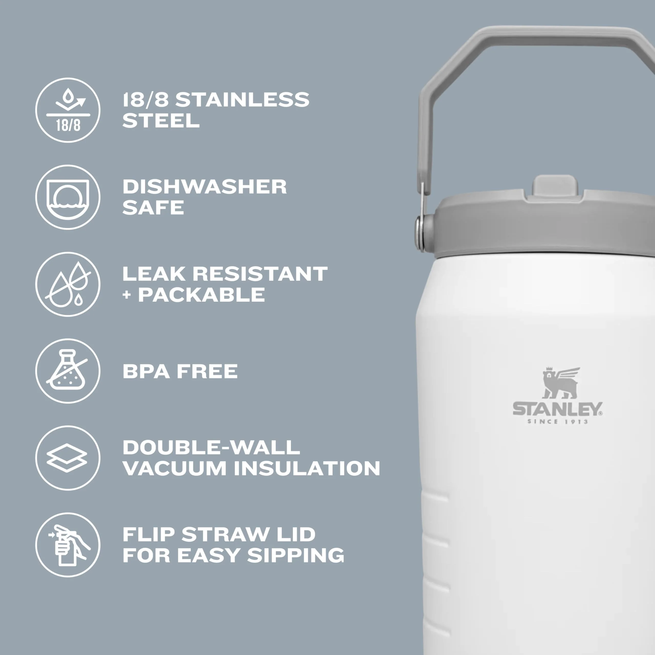 Stanley IceFlow Flip Straw Jug with Handle 64 oz| Twist On Lid and Flip Up Straw | Leak Resistant for Travel and Sports | Insulated Stainless Steel | BPA-Free |Cloud - Image 6