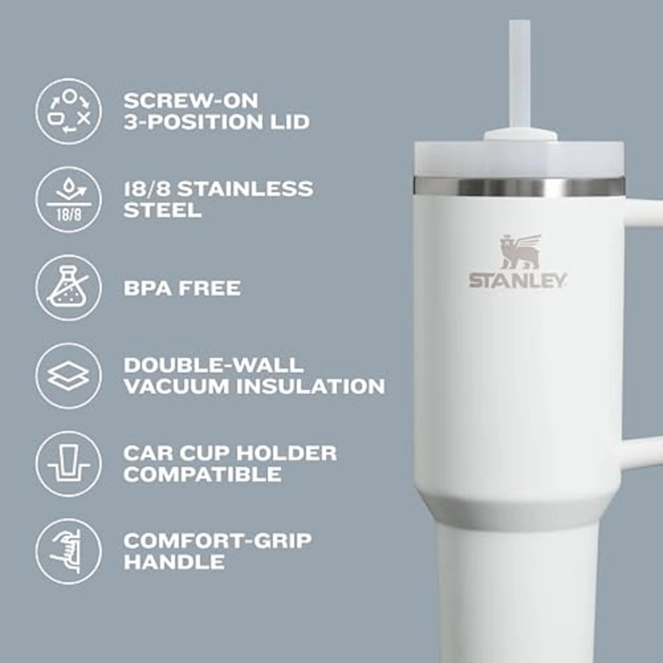 STANLEY Quencher H2.0 Tumbler with Straw 30 oz | Flowstate 3-Position Lid | Cup Holder Compatible for Travel | Insulated Stainless Steel Cup | BPA-Free | Cream - Image 5