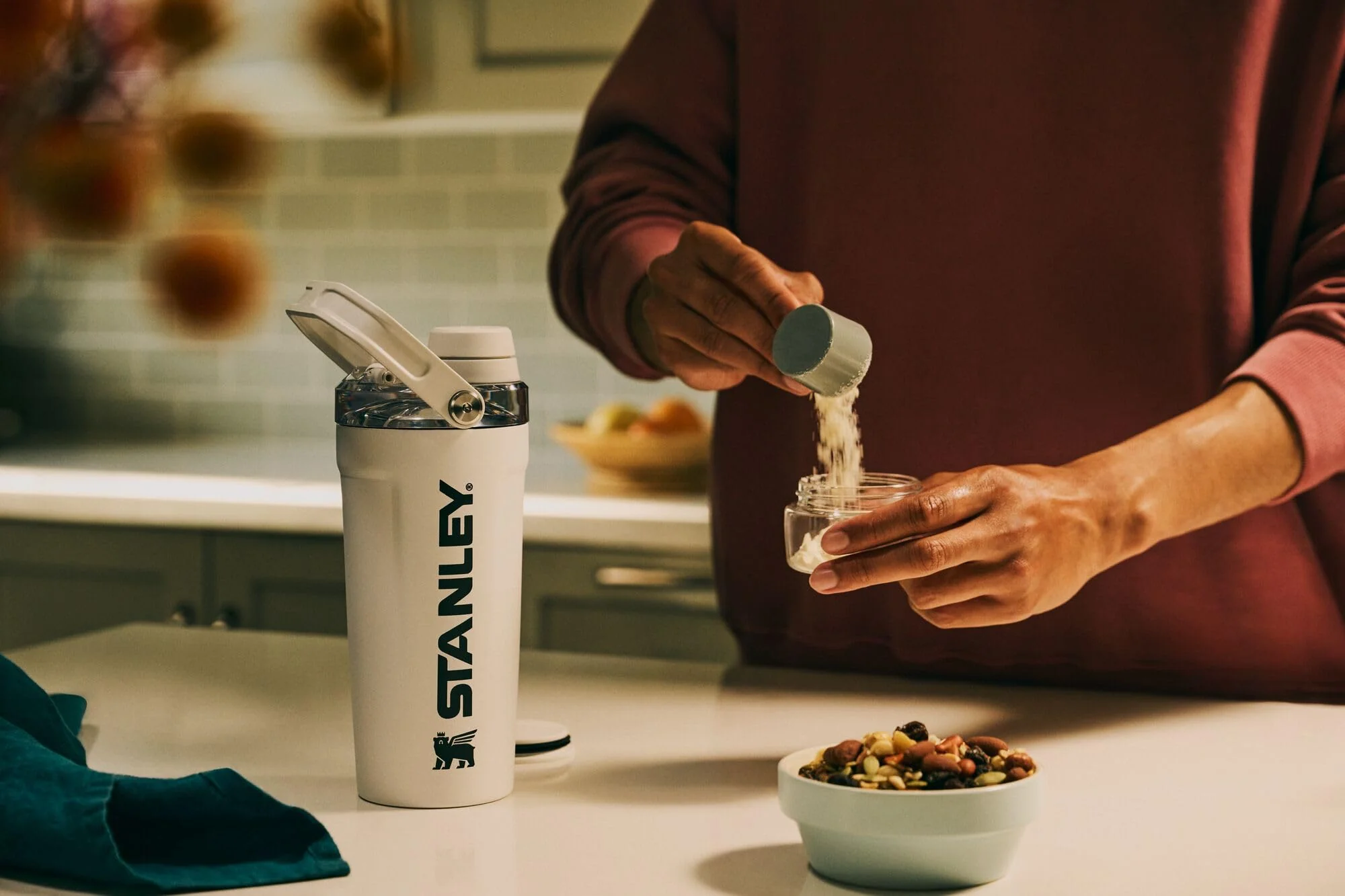 STANLEY Vitalize Shaker Bottle 20 oz | Leakproof Insulated Stainless Steel Shaker Cup | Base Storage and Twist On Fast Flow Lid | Protein Shakes and Pre Workout Powder | BPA-Free | Dried Pine - Image 3