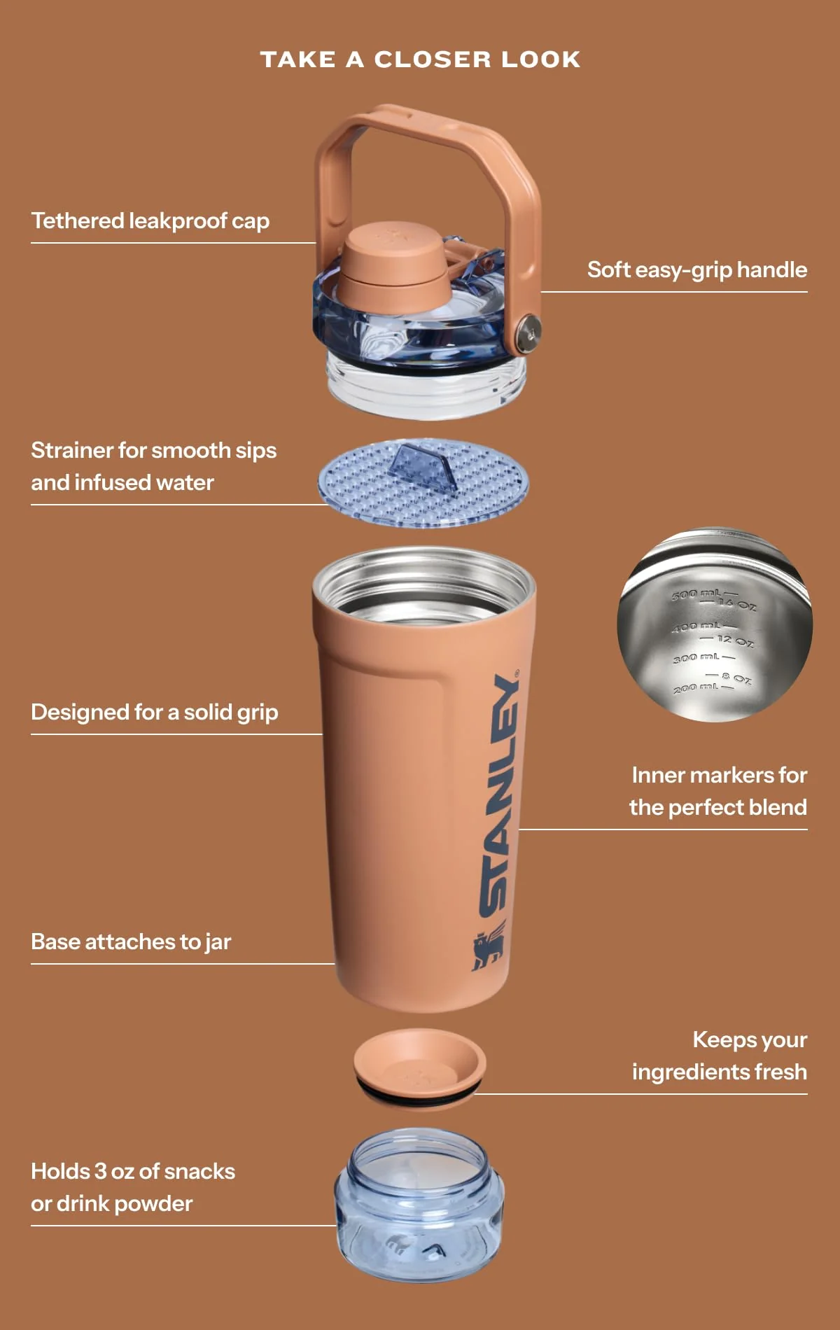 STANLEY Vitalize Shaker Bottle 20 oz | Leakproof Insulated Stainless Steel Shaker Cup | Base Storage and Twist On Fast Flow Lid | Protein Shakes and Pre Workout Powder | BPA-Free | Meadow - Image 6