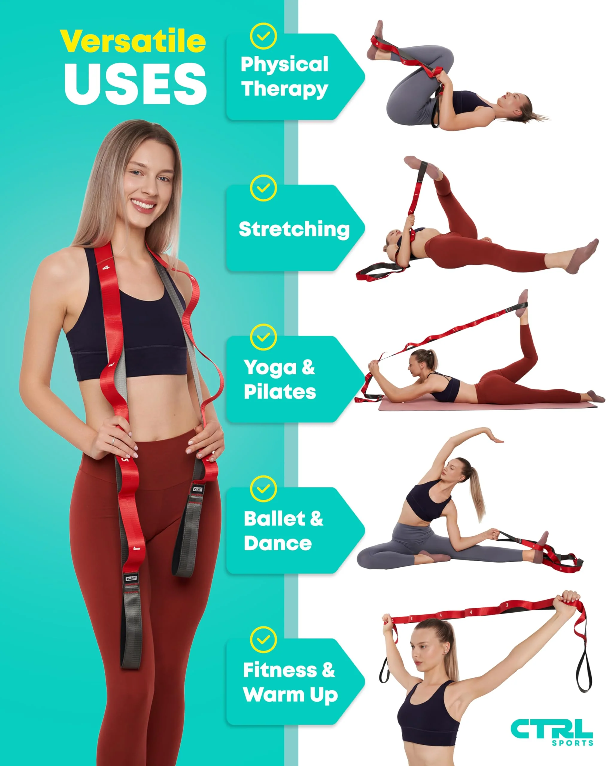 Stretching Strap with Loops - Non Elastic Stretch Band for Physical Therapy, Yoga Strap for Stretching Equipment, Stretch Bands for Exercise and Flexibility - Fascia, Hamstring and Leg Stretcher Belt - Image 7